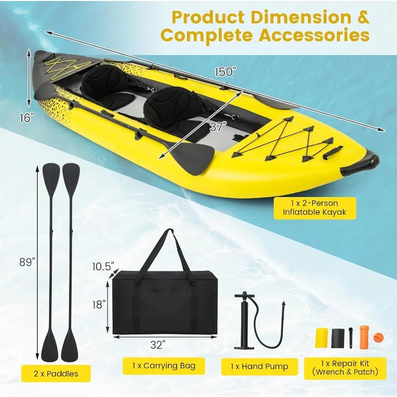 GYMAX Inflatable Kayak, 12.5Ft 507lbs Tandem Kayak with 2 Aluminum Paddles, 2 Padded Seats,Footrests, 2 Fins,Hand Pump,Carry Bag