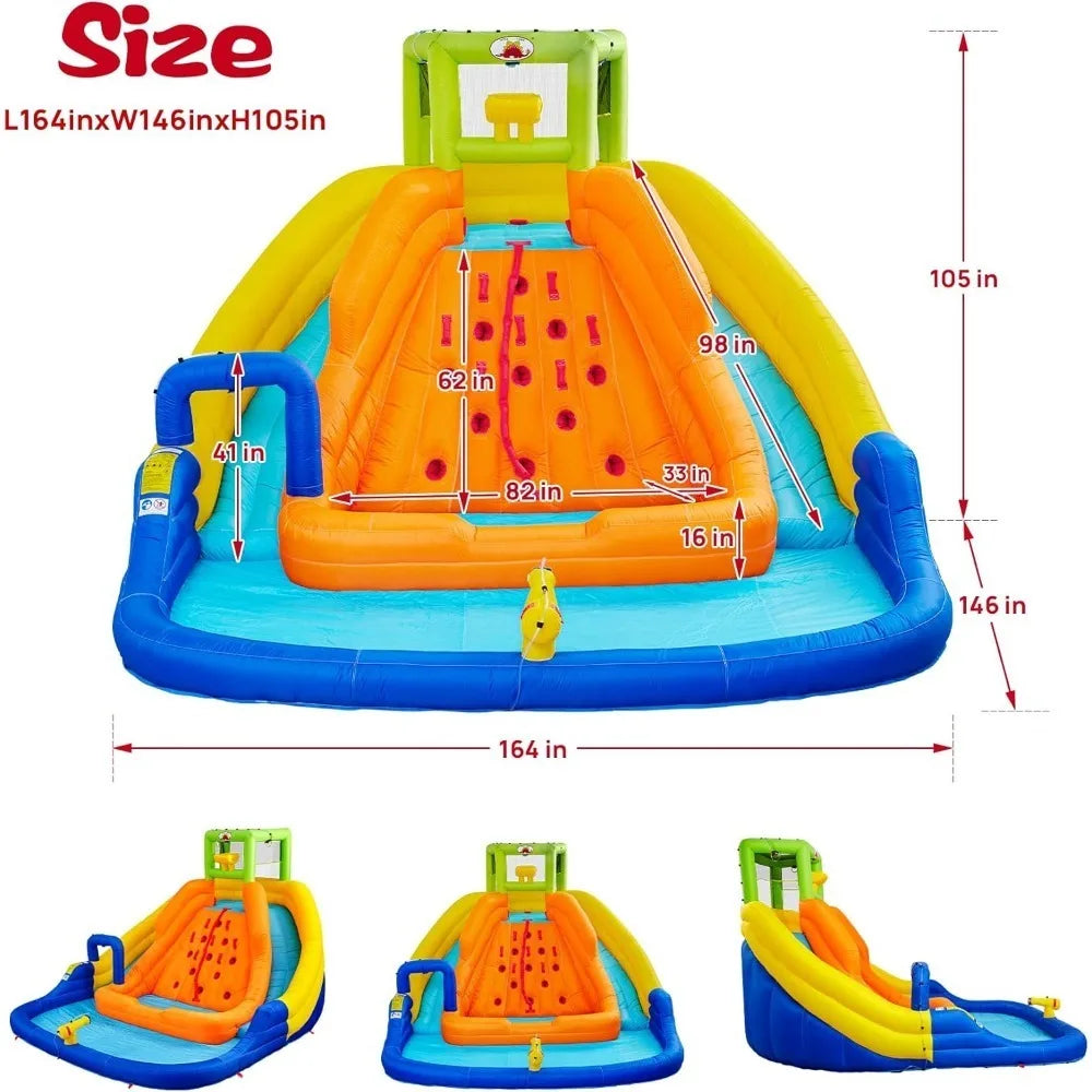 Hot Sale - Inflatable Water Slide, Bounce House with Water Bucket, Deep Pool, Climbing Wall with Rope, Bouncy Castle with