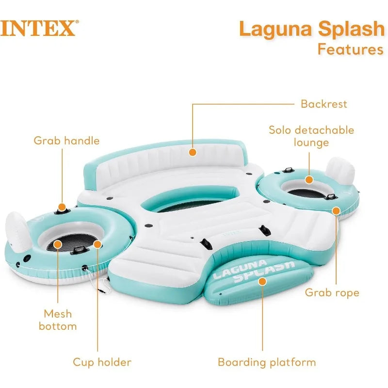 Intex Laguna Splash Island Outdoor Floating Water Raft with 2 Detachable Solo Lounge Tubes, Connectors,Built-in Cupholders, Blue