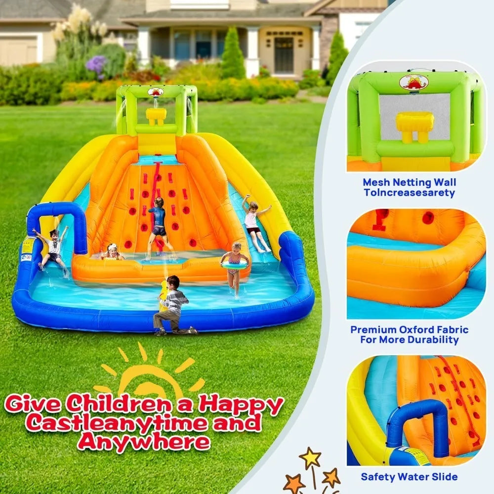 Hot Sale - Inflatable Water Slide, Bounce House with Water Bucket, Deep Pool, Climbing Wall with Rope, Bouncy Castle with