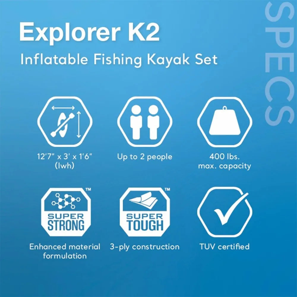 68309EP Excursion Pro K2 Inflatable Kayak Set: Includes Deluxe 86in Kayak Paddles and High-Output Pump – - NEW