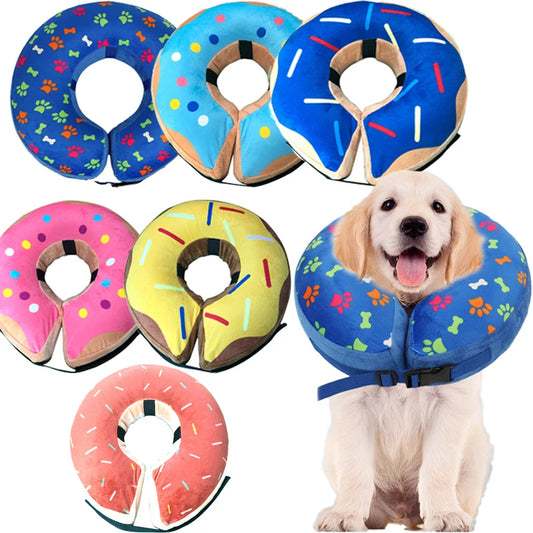 Dog Inflatable Cone Collar Adjustable Washable Post-Surgery Recovery Sweet Donuts for Large Medium Dogs Cats Protective Collar