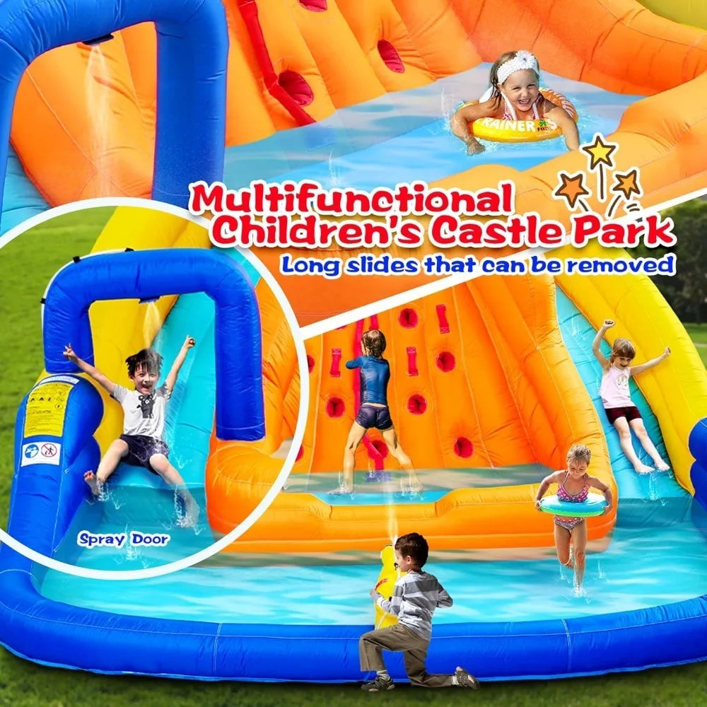 Hot Sale - Inflatable Water Slide, Bounce House with Water Bucket, Deep Pool, Climbing Wall with Rope, Bouncy Castle with