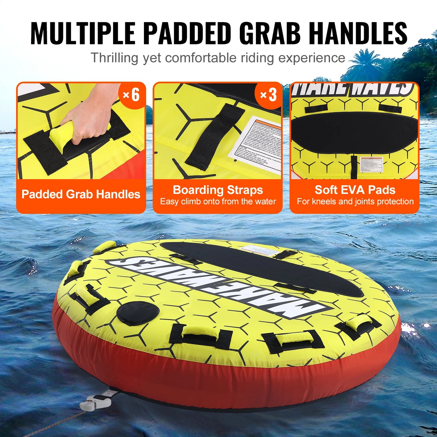 SucceBuy Towable Tube for Boating 1-3 Riders Inflatable Boat Tubes &Towables 63" Round Water Sport Towable Tube for Boat to Pull