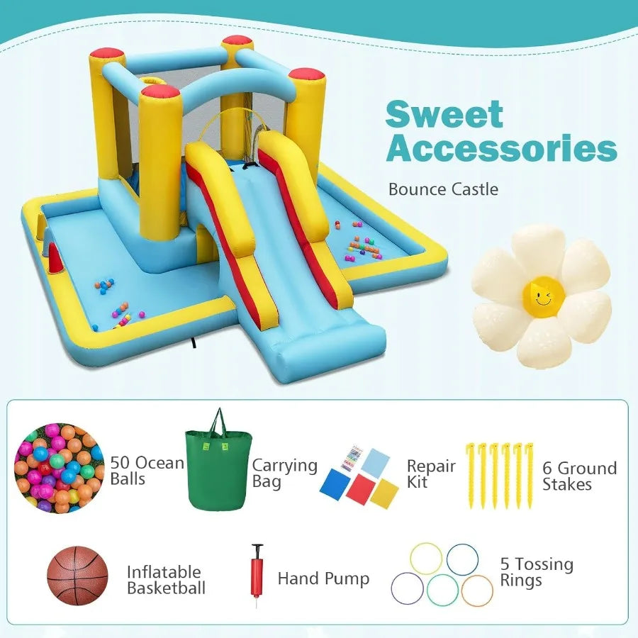 Inflatable Bounce House with Ball Pit Long Slide Tunnel Bouncy House for Aged 3+ Backyard Party Fun Bounce House with Slide for