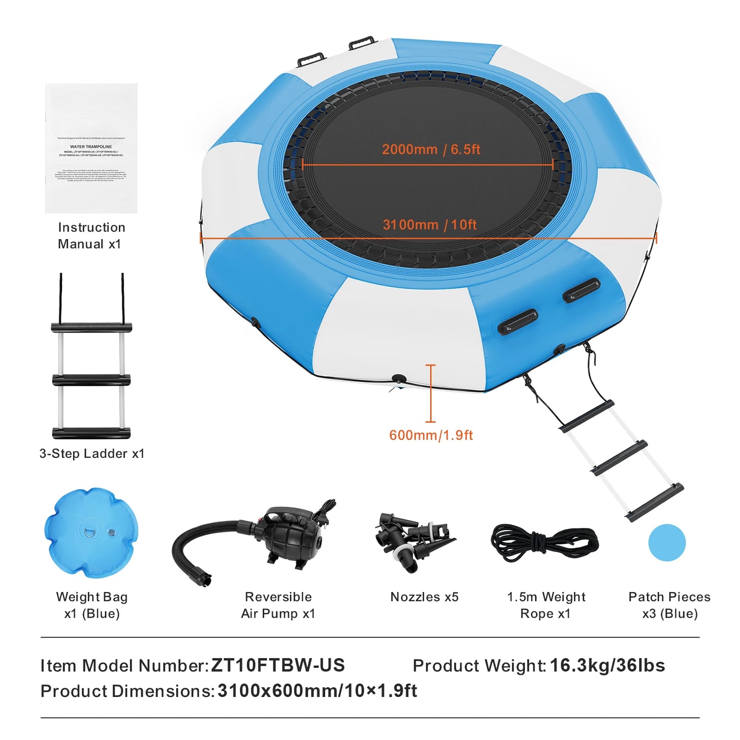 VEVOR Inflatable Water Bouncer 10ft Recreational Water Trampoline Portable Bounce Swim Platform Kids Adults Floating Rebounder
