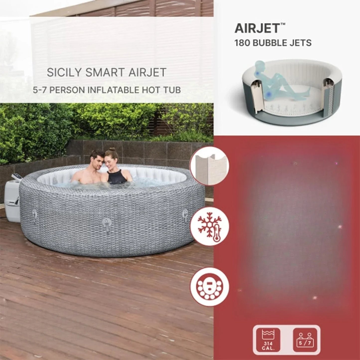 SaluSpa Sicily AirJet 7 Person Inflatable Hot Tub Round Portable Outdoor Spa with 180 Soothing AirJets and Insulated Cover, Gray