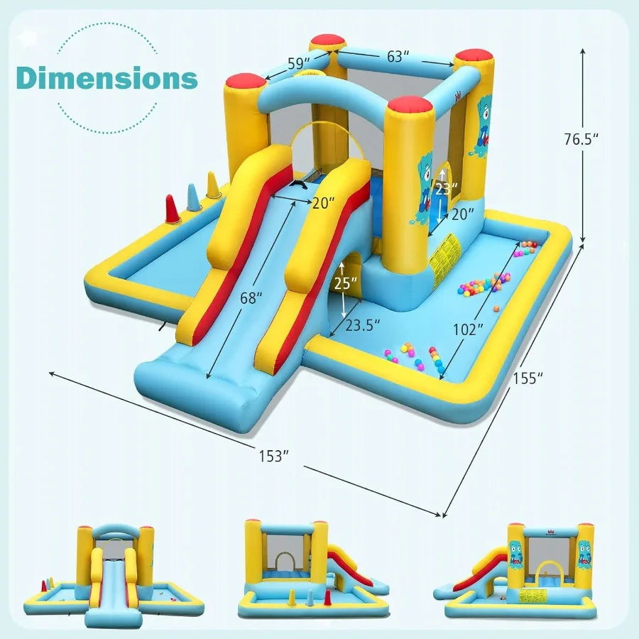 Inflatable Bounce House with Ball Pit Long Slide Tunnel Bouncy House for Aged 3+ Backyard Party Fun Bounce House with Slide for