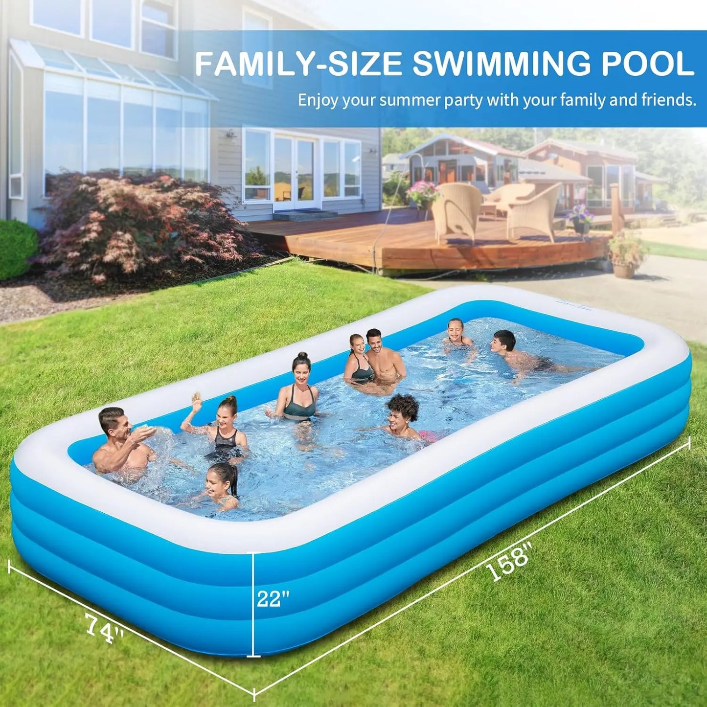 Inflatable Pool with Air Pump, 158" X 74" X 22" Large Swimming Pool for Family, Adults, Kids, Blow Up Pool for Outdoor, Garden,