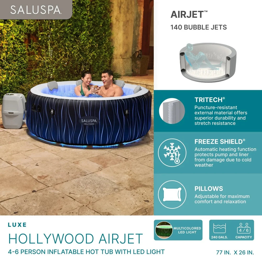Inflatable Hot Tub Spa with AirJet Massage System Color-Changing LED Lights 4-6 Person Outdoor Relaxation Includes Pump and