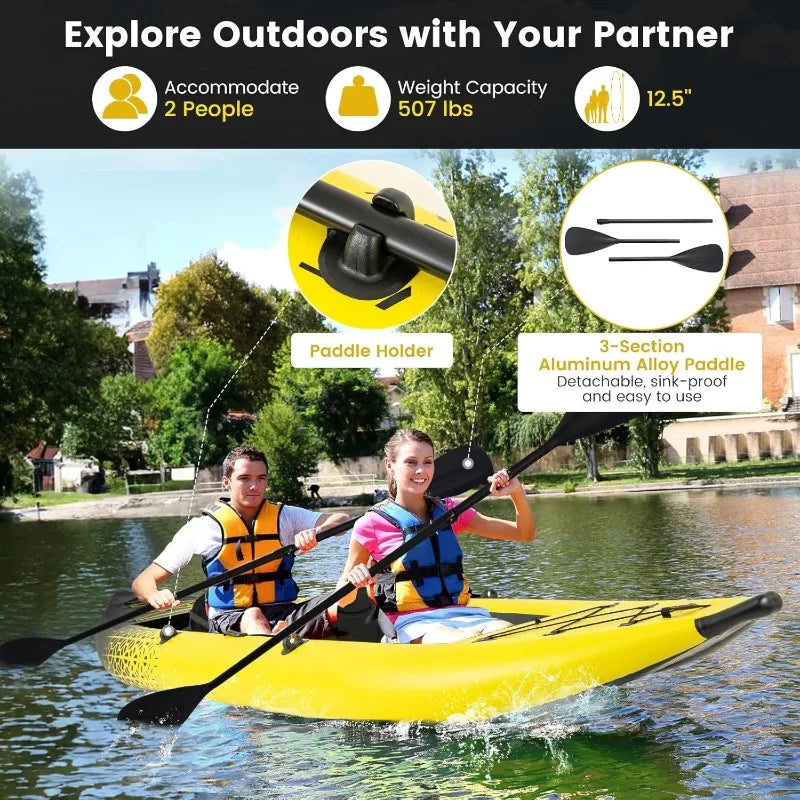GYMAX Inflatable Kayak, 12.5Ft 507lbs Tandem Kayak with 2 Aluminum Paddles, 2 Padded Seats,Footrests, 2 Fins,Hand Pump,Carry Bag