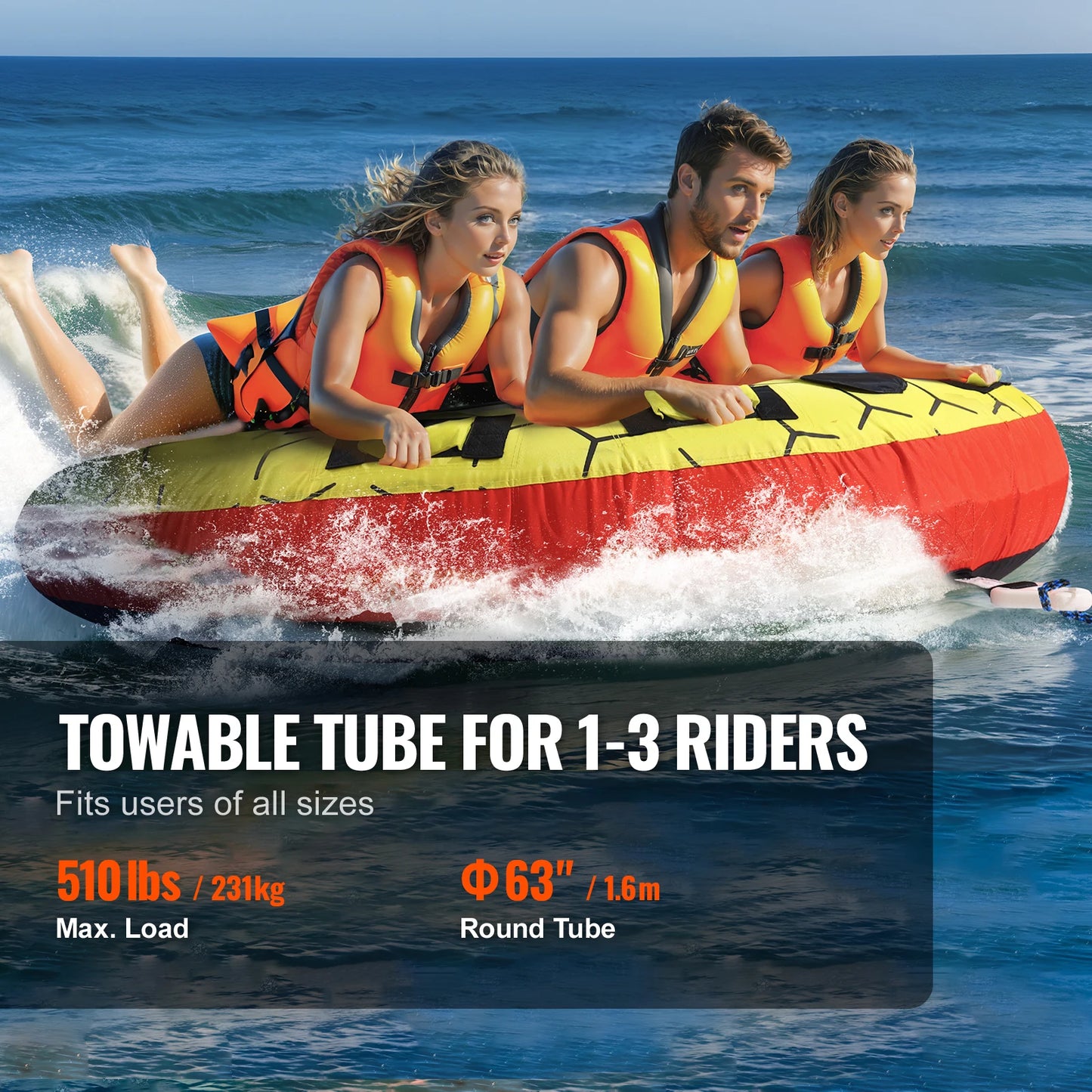 SucceBuy Towable Tube for Boating 1-3 Riders Inflatable Boat Tubes &Towables 63" Round Water Sport Towable Tube for Boat to Pull