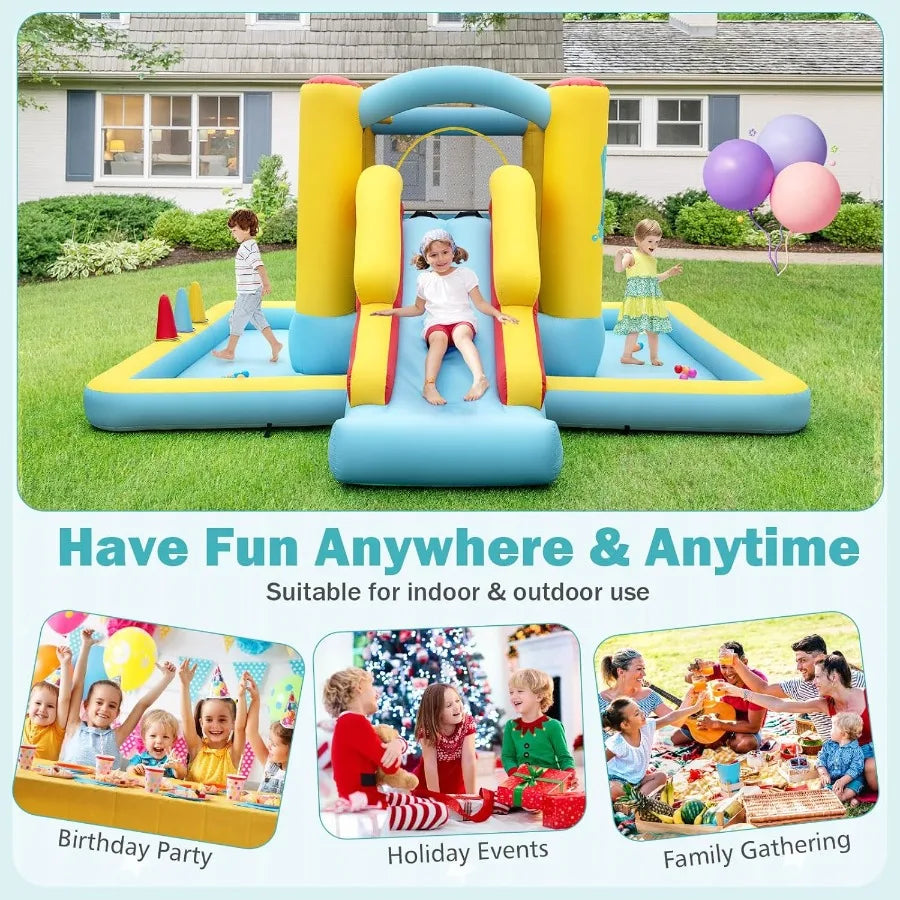 Inflatable Bounce House with Ball Pit Long Slide Tunnel Bouncy House for Aged 3+ Backyard Party Fun Bounce House with Slide for