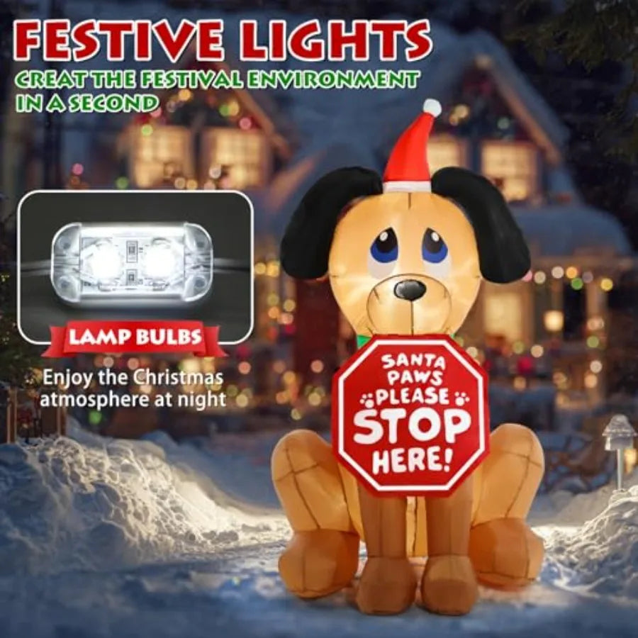 Christmas Inflatable Outdoor Decorations 4FT Inflatables Dog Yard Decor with Hat Sign LED Lights Blow up Puppy Holiday Decorati