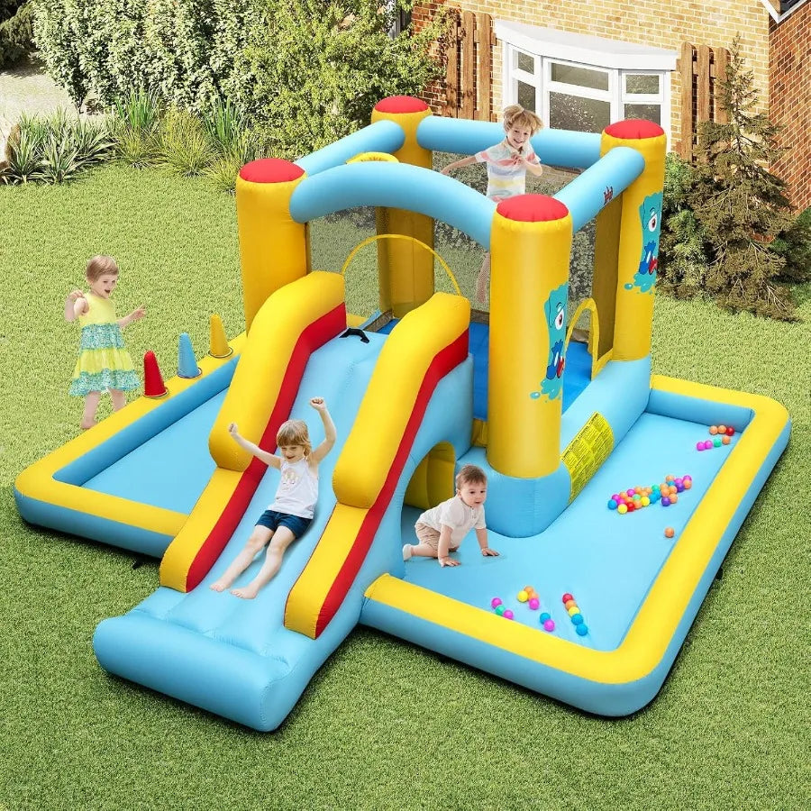 Inflatable Bounce House with Ball Pit Long Slide Tunnel Bouncy House for Aged 3+ Backyard Party Fun Bounce House with Slide for