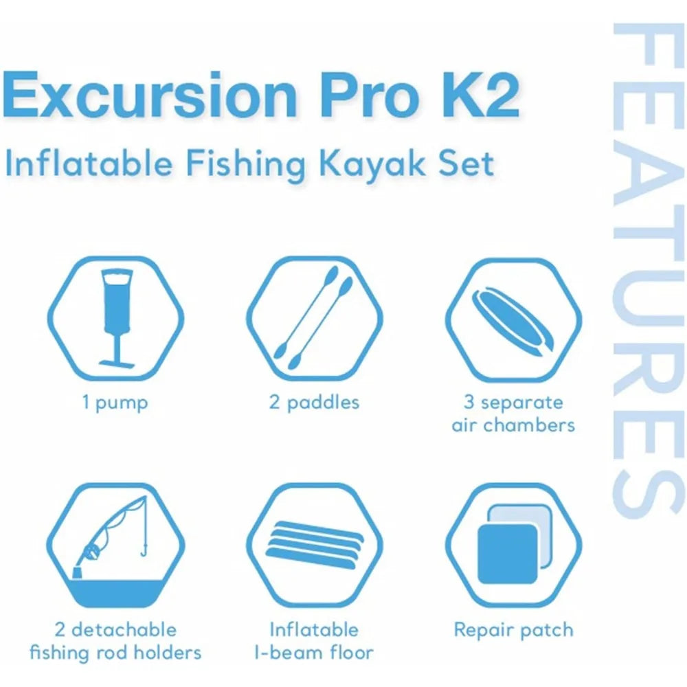 68309EP Excursion Pro K2 Inflatable Kayak Set: Includes Deluxe 86in Kayak Paddles and High-Output Pump – - NEW