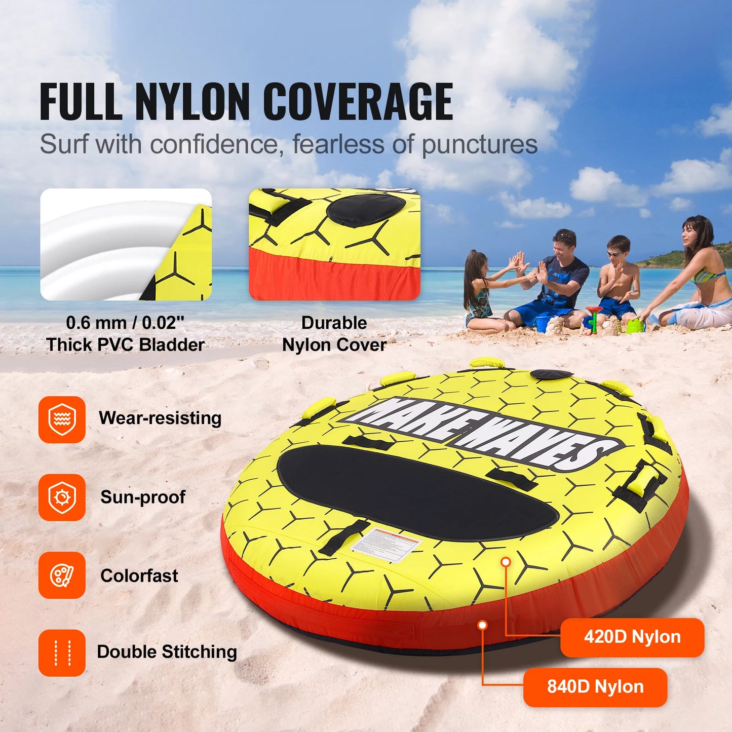 SucceBuy Towable Tube for Boating 1-3 Riders Inflatable Boat Tubes &Towables 63" Round Water Sport Towable Tube for Boat to Pull