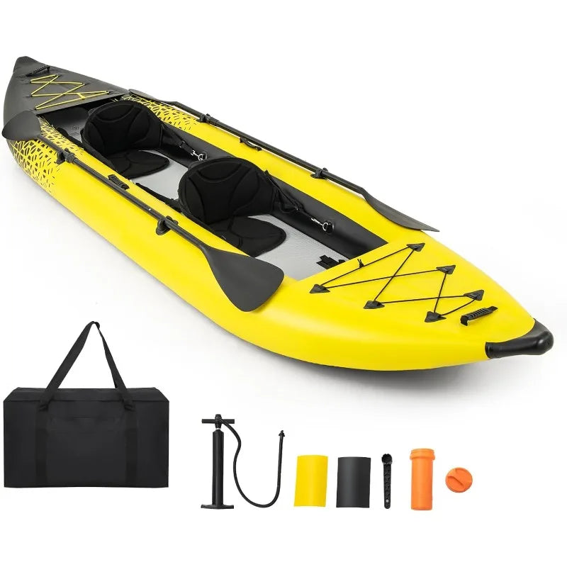GYMAX Inflatable Kayak, 12.5Ft 507lbs Tandem Kayak with 2 Aluminum Paddles, 2 Padded Seats,Footrests, 2 Fins,Hand Pump,Carry Bag
