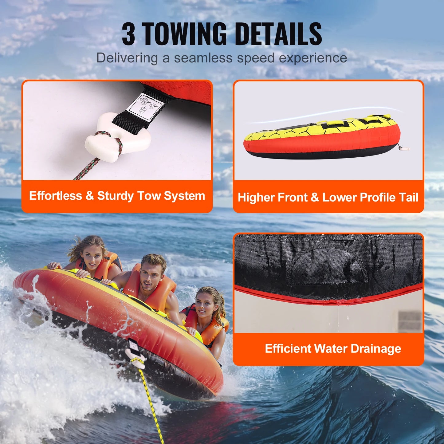 SucceBuy Towable Tube for Boating 1-3 Riders Inflatable Boat Tubes &Towables 63" Round Water Sport Towable Tube for Boat to Pull