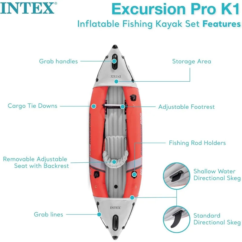 68303EP Excursion Pro K1 Inflatable Kayak Set: Includes Deluxe 86in Kayak Paddles and High-Output Pump – SuperTough PVC –