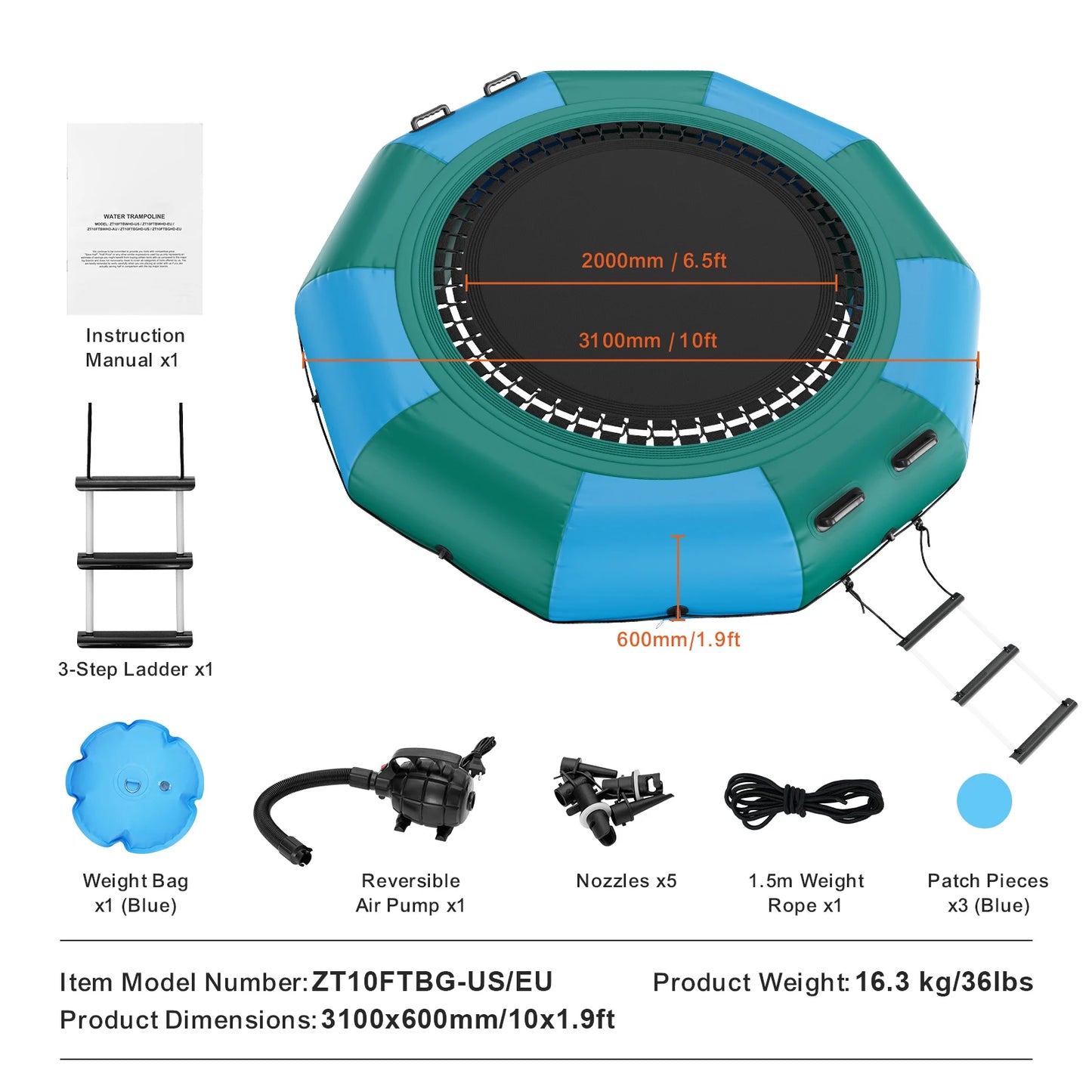 VEVOR Inflatable Water Bouncer 10ft Recreational Water Trampoline Portable Bounce Swim Platform Kids Adults Floating Rebounder
