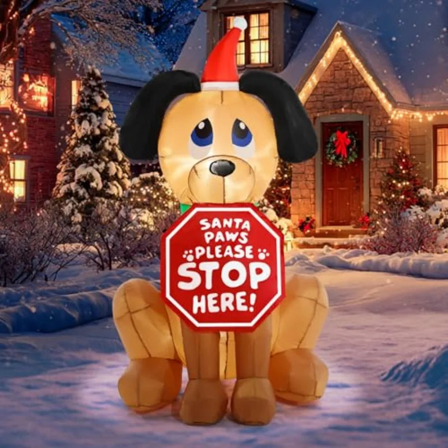 Christmas Inflatable Outdoor Decorations 4FT Inflatables Dog Yard Decor with Hat Sign LED Lights Blow up Puppy Holiday Decorati